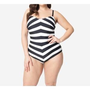 Unique Vintage Black and White Striped One-Piece Swimsuit Plus Size 3x 4x pinup